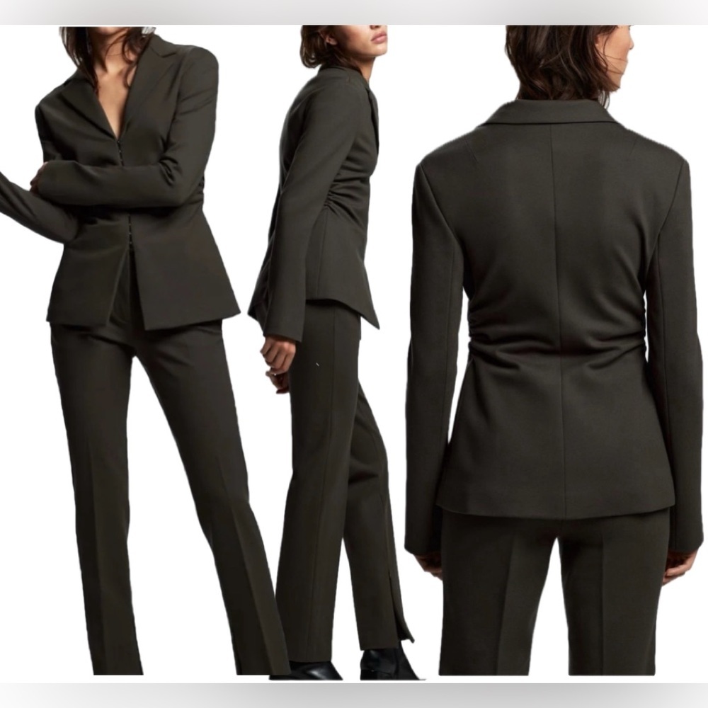 Zara women olive khaki green ruched blazer jacket hook eye closure Sz XL NWOT
